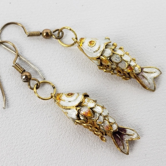 Vintage Articulating Enamel Fish Dangle Earrings - Picture 1 of 5